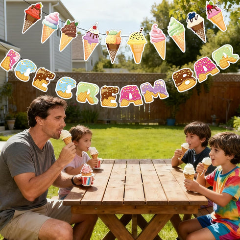 2Pcs Summer Community Ice Cream Party Decorations - Ice Cream Bar Banner & Cone Bunting Decorations for Party, Kids