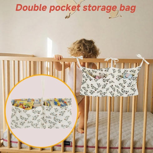FALESOUL 2-Pockets Cotton Baby Bedside Hanging Storage Bag, Baby Crib Side Organizer Crib Hanging Organizer, Diaper