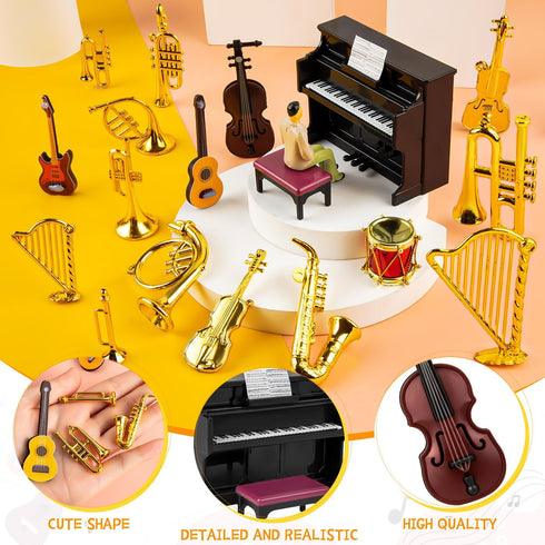 Dollhouse Musical Instruments, Miniature Violin Guitar Piano Drum Trumpet Figurine Ornament for Mini House