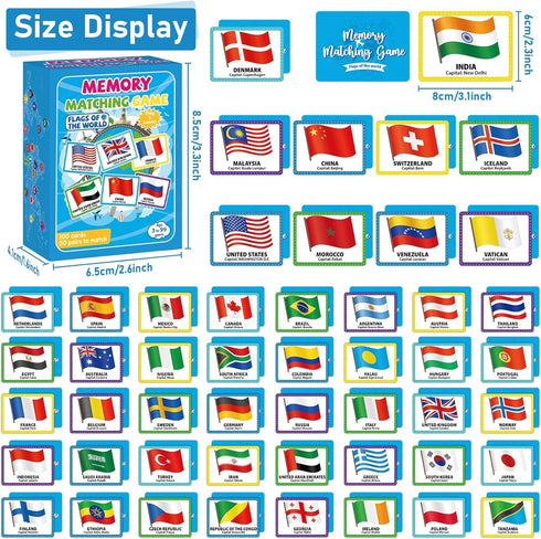 gisgfim 50 Pairs Memory Matching Game, Flags of The World Concentration Games for Kids and Adults, Fun & Fast Learning