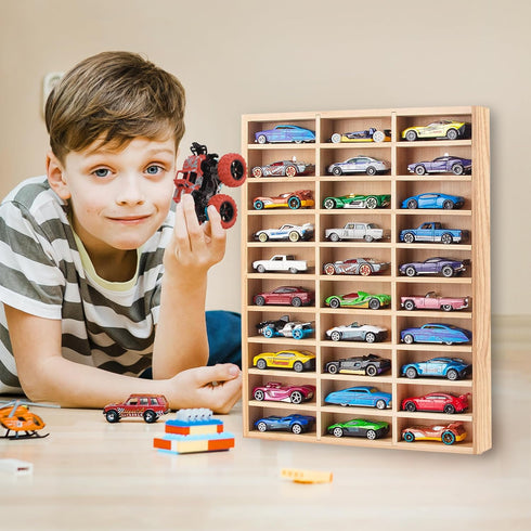 KISLANE Stylish Bamboo Wood Toy Cars Display Case with Removable Shelves for 30-Slot Wall-Mountable Organizer