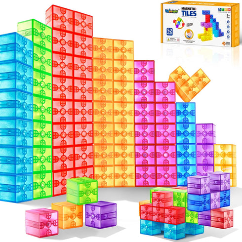52pcs Magnetic Blocks - Translucent Magnetic Cubes, Building Blocks Magnet Toys for Kids, Montessori STEM Sensory Toys