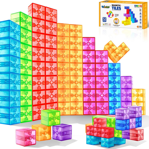 52pcs Magnetic Blocks - Translucent Magnetic Cubes, Building Blocks Magnet Toys for Kids, Montessori STEM Sensory Toys