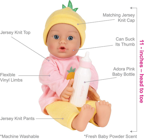 ADORA 11" Soft Cuddly Baby Doll - Blue Eyes, Blonde Hair, Bottle, Beanie, Pink/Yellow - Amazon Exclusive