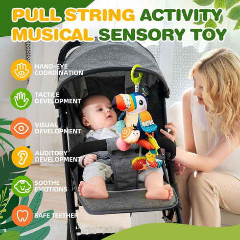 Jollybaby Musical Activity Pull String Hanging Toy for Baby Stroller Car Seat Crib Play Gym, Plush Stuffed Toucan Toy
