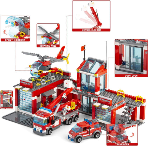 QLT QIAOLETONG City Fire Station Building Kit, 774 Pcs Set Including Fire Station, Fire Truck, Helicopter, Fire