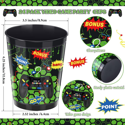 24 Pieces 16 oz Video Game Theme Cups Gaming Party Cup Favors Set Go Win Level up Plastic Cups Gamer Frosted Cup for Popular Video Game Party Supplies Kids Gamer Birthday Decorations (Green)