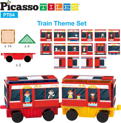64pc Set 3-in-1 3+ PT64 PicassoTiles Magnetic Tiles Building Blocks STEM Toy for Kids Rocket Train School Bus Theme