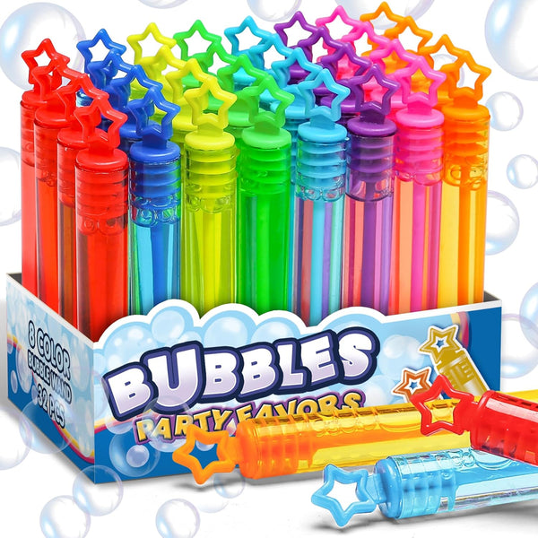 32 Pcs Neon Bubbles Party Favors - 8 Colors Mini Star Bubble Wands in Gift Box for Kids Birthday Treats