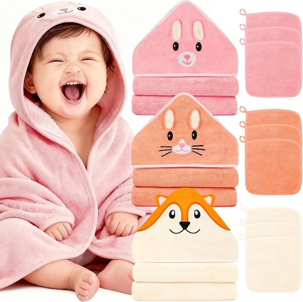 Sublaga 31x31 Inch Baby Hooded Towels, 12Pcs Baby Towels and Washcloths Set, Soft