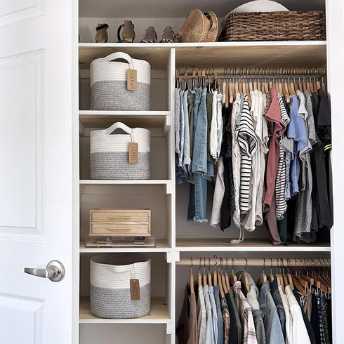 Goodpick Woven Storage Basket for Shelves, Small Laundry Basket with Handles, Grey and White