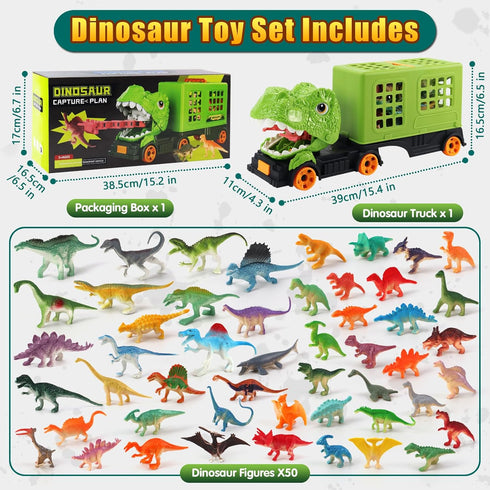 50PCS 50 Playset Dinosaur Truck Toy, Tyrannosaurus Capture Vehicle with Dinosaur Figures, Educational Jurassic for Boys