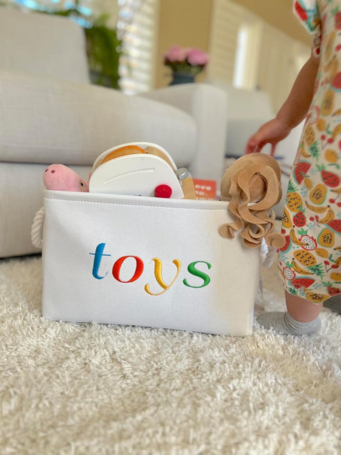 APPLE PIE ORDER Nursery basket, Storage & organizer Bin for Baby, Diapers, Wipes, Books, Toys. White Canvas fabric