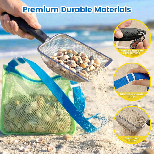 3 2 Pack otters Beach Mesh Shovel with Mesh Beach Bag for Shell Collecting, Sand Sifters Shell Collect Bag for Kids