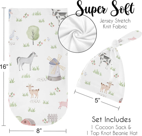 Set Sweet Jojo Designs Farm Animals Boy Girl Cocoon and Beanie Hat Jersey Stretch Knit Sleeping Bag for Infant Newborn