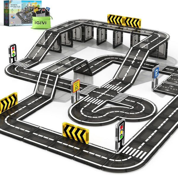 Magnetic Tiles Road Toddler Toys, Magnet Building Blocks for Kids Ages 3-5