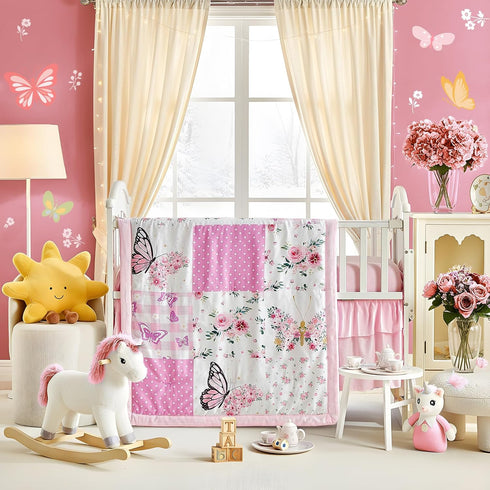 Set 3 Set Patchwork Crib Bedding Butterfly Plaid Floral Design Pieces Baby Girl Cute Quilted Comforter with Fitted