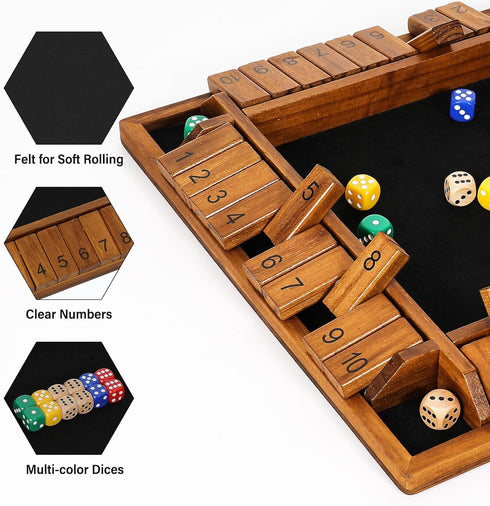 14 inches 8+4 2-4 4-Sided 10 VAMSLOVE Upgraded Shut The Box Dice Game Wooden Board Table Math Game with Dice for Player