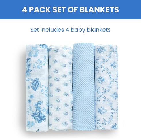 100% 47x47 Inches (Pack 4), Delta Children Cotton Muslin Baby Receiving Blankets for Girls and Boys of Blue Botanicals