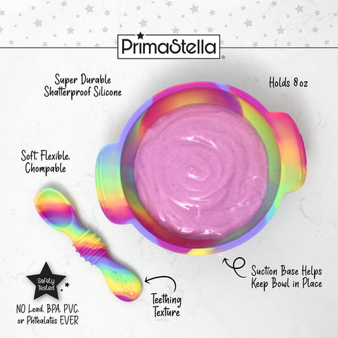 Unbreakable Silicone Non-Slip Bowl and Chew Spoon Set for Babies and Toddlers (Rainbow Swirl)