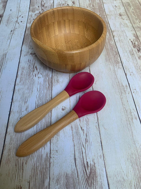 Babynow Bamboo Baby Spoons Pack of 2, Self-Feeding Supplies for 6+ Months Babies & Toddlers in Soft Tip Designs BURGUNDY