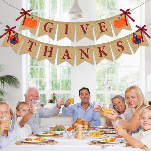 Give Thanks Burlap Banner - Rustic Thanksgiving Decorations - Turkey Pumpkin Bunting for Party Supplies