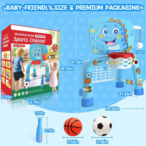 1 12-18 Toys for Year Old Boy - Toddler Basketball Hoop & Soccer Goal & Baseball Activity Center with Light Sound
