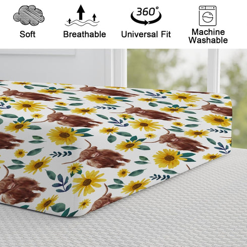 Highland Cows Boho Sunflowers Changing Pad Cover, Cute Yak Floral Diaper Sheets, Soft Breathable Stretchy Mats 32''x16''