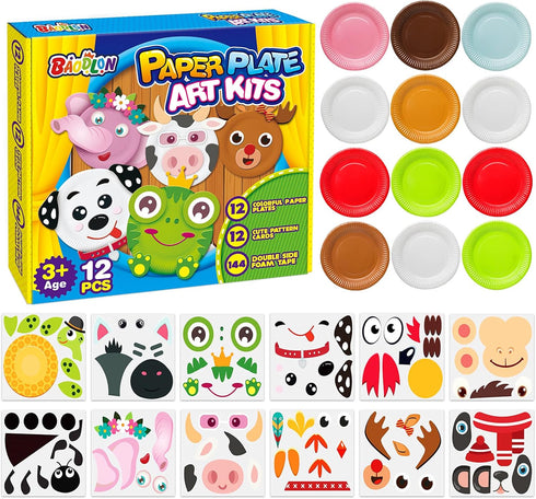 BAODLON Arts and Crafts Kits for Kids, 12 Pack Simple Crafts Animal Paper Plate Art Kit for Toddlers