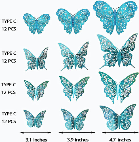 Cheerland Butterfly Wall Decor, 3D Teal Room Stickers, Removable Turquoise Butterflies Decals for Girl Bedroom
