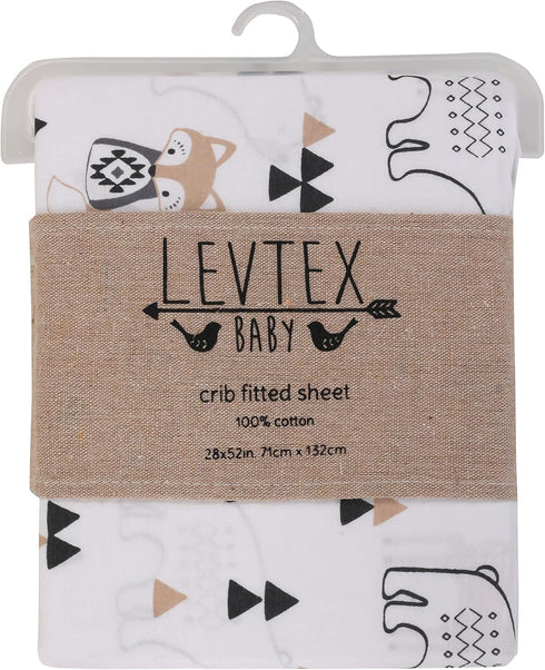 100% Levtex Baby - Bailey Bear Crib Fitted Sheet - Fits Standard Crib and Toddler Mattress - Tossed Bear, Fox and Deer