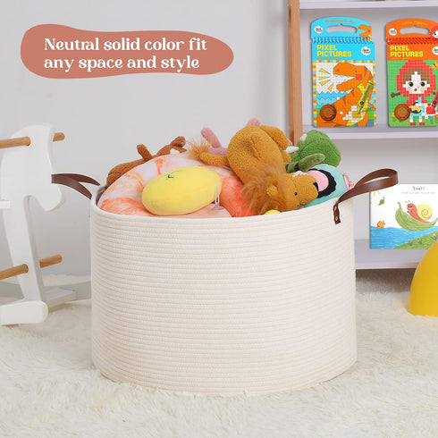 Luxury Extra Large Nursery Storage Basket, 22 x 22 x 14 inches, 100% Cotton Rope with Handles - Off White