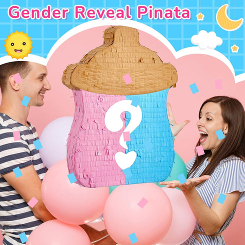 18.5 Inch Silipull Baby Bottle Shape Gender Reveal Piata with Piata Stick Blindfold and Pink Blue Confetti Gender