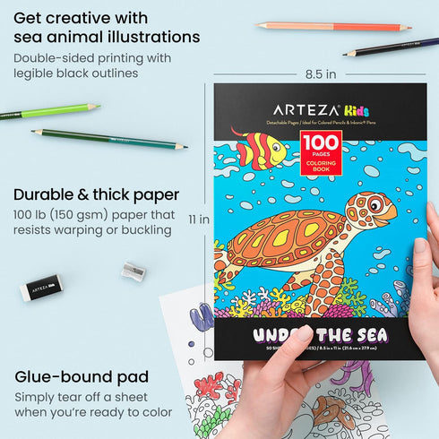 Arteza Kids Coloring Book and Pencils Kit, 8.5x11 Inches, Sea Creature Illustrations, 50 Sheets, 12 Colored Pencils