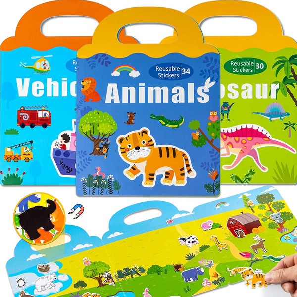 pinkking 3 Pack Magnetic Reusable Sticker Book for Kids Ages 3-6, Vehicles, Farmhouse