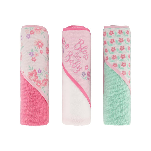Cudlie Buttons & Stitches Baby Girl 3 Pack Rolled/Carded Hooded Towels in