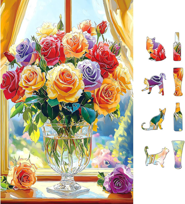 MINIWAN 500-Piece Jigsaw Puzzle for Adults - Colorful Roses in Glass Vase,
