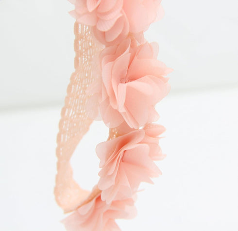 Baby Toddler Elastic Chiffon Flower Headbands, Princess Girls Hand Sewing Beads Flower Headwear (QJ11 White Pink)