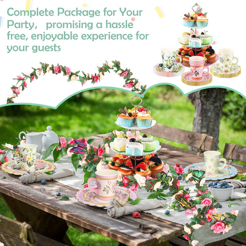 121 Set 9 oz 3 Pcs Floral Tea Party Dinnerware Include Paper Cups and Saucers, Napkins, Tier Cake Stand, Serving