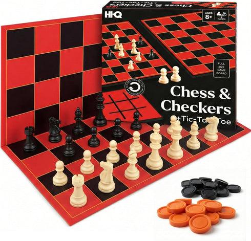 Hi-Q 3-in-1 Chess, Checkers & Tic-Tac-Toe Game Set Double-Sided Folding Board Staunton Style