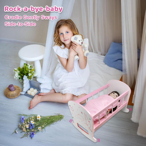 Baby Doll Crib Toy Wooden Play Rocking Cradle with Mattress Pillow & Blanket for 18” Doll