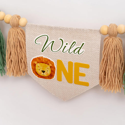 1st Wild One High Chair Banner - Lion Highchair Banner, Safari Animal Theme First Birthday Tassel Banner for Birthday