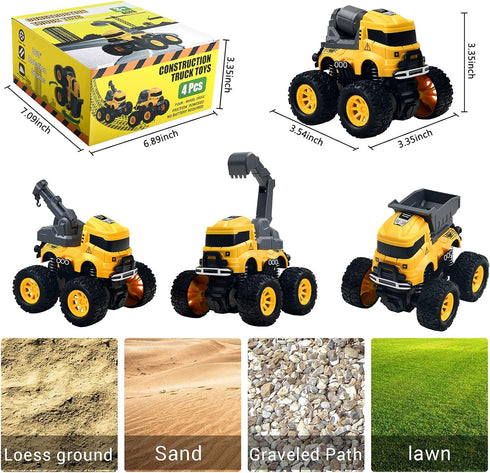 Construction Truck Toys - 4 Pack Excavator, Mixer, Crane, Dump Trucks, Push and Go Friction Powered Cars