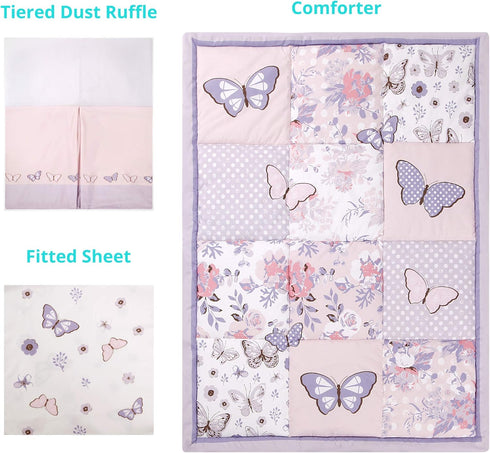 Set 3 Set La Premura Baby Mini Crib Bedding for Girls, Pastel Purple Butterfly, Piece Crib for Nursery Portable Crib