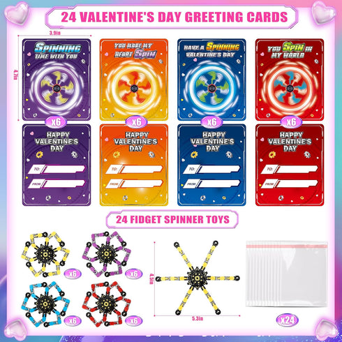 24 Pack ShyLizard Valentine's Day Cards for Kids with Fidget Spinners, Valentines Day Gifts for Kids, Deformable Robot