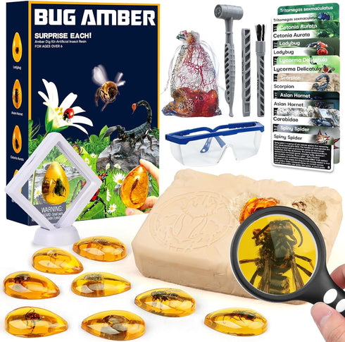 Amber Dig Kit - Insects in Resin, 8 Insects Specimens Excavation Kit for Kids Birthday Gifts