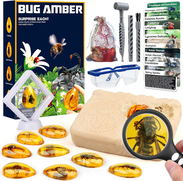 Amber Dig Kit - Insects in Resin, 8 Insects Specimens Excavation Kit for Kids Birthday Gifts
