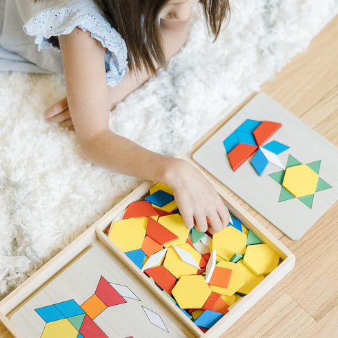 Melissa & Doug Wooden Classic Toy Pattern Blocks and Boards - 120 Solid Wood Shapes, 5 Double-Sided Panels,