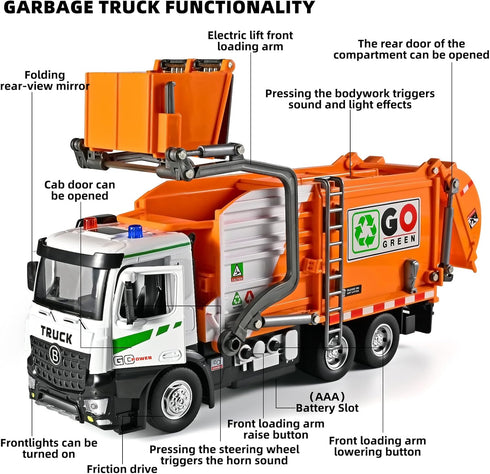 NOVAFUSION 4-7Orange Front Loader Arm Toy Garbage Truck with Auto Lift Function,Diecast Garbage Truck Metal
