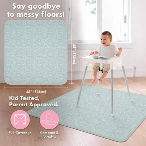 45" 45 BapronBaby Dino Friends Sage Splash Mat - Waterproof Catch-All for Under High Chairs, Floors, Tables, Playtime